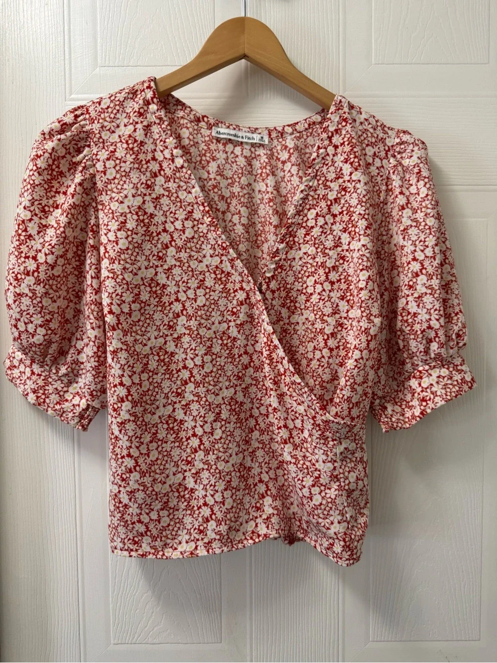 Abercrombie & Fitch Red and White Floral Wrap Top